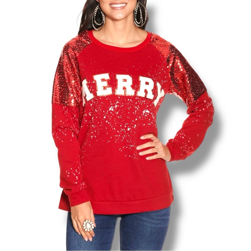 NEW Southern Grace XL Red Merry Sequin LS Christmas Shirt Cotton-Poly-Spandex